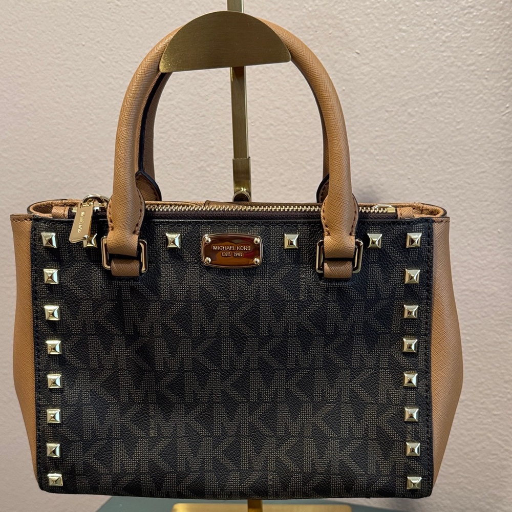 NWT Michael Kors Kellen Stud MK Signature Brown Acorn XS Shoulder Crossbody Bag